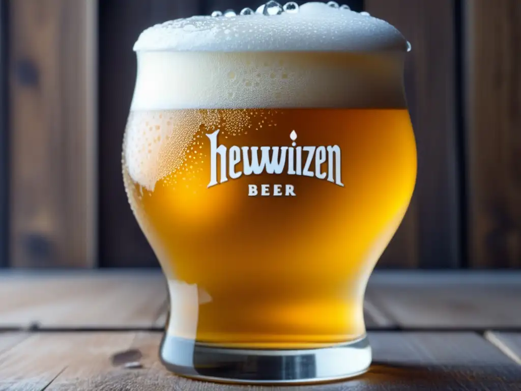 Un vaso helado de Hefeweizen dorada, con espuma cremosa y burbujas efervescentes, en una mesa de madera