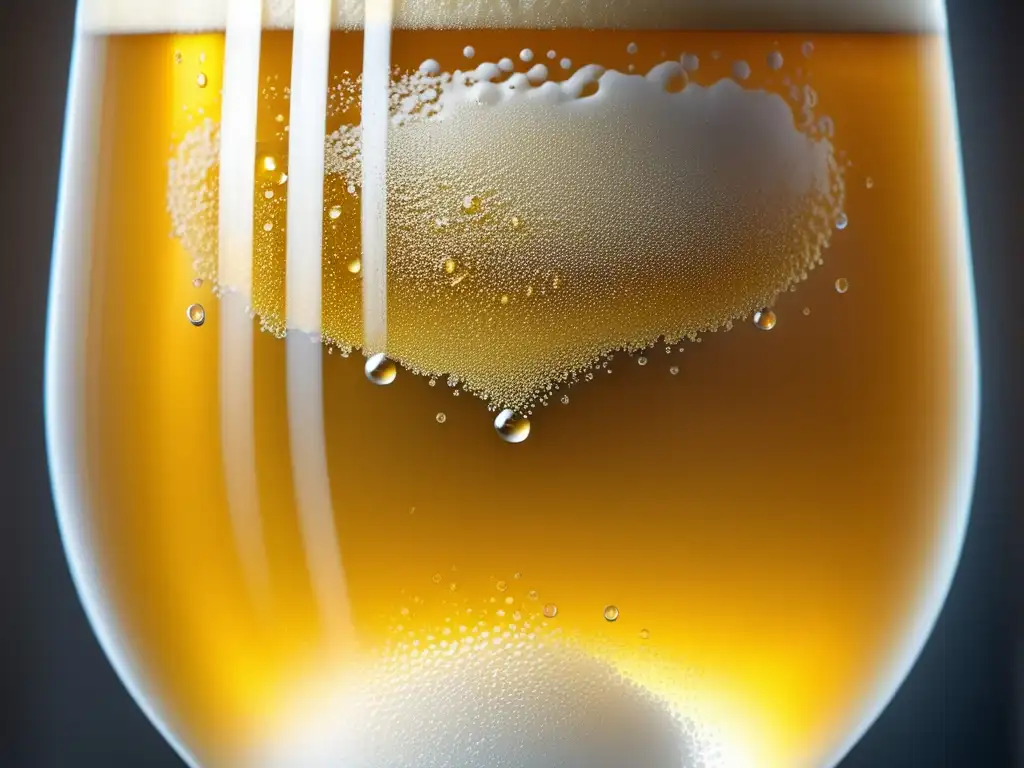 Detallada imagen de una cerveza Hefeweizen dorada y turbia en un vaso, con condensación y espuma cremosa