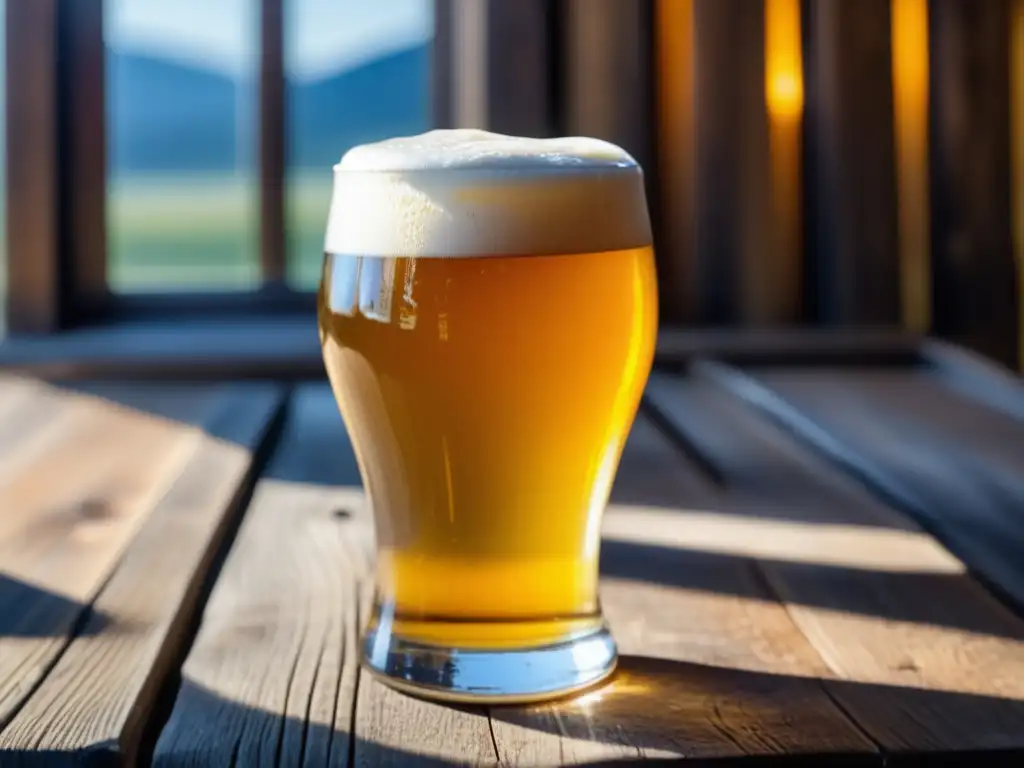 Cerveza Helles perfectamente vertida en una mesa de madera rústica, iluminada por luz natural suave