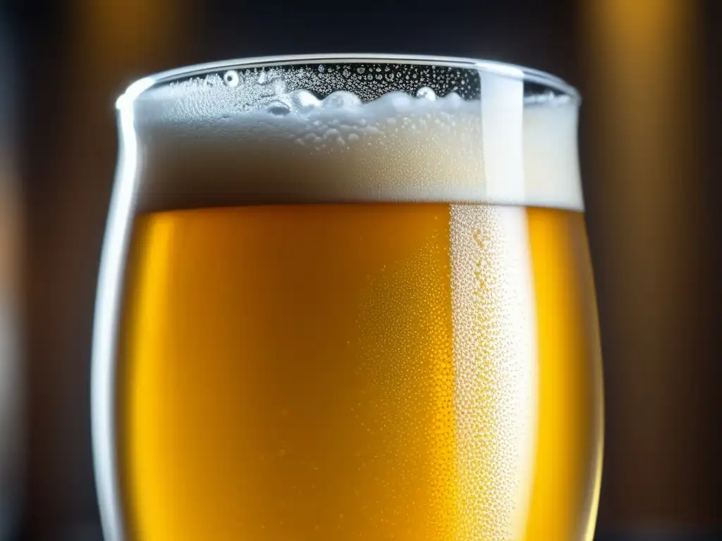 Cristalina cerveza Helles dorada en vaso frío, con burbujas efervescentes y condensación refrescante