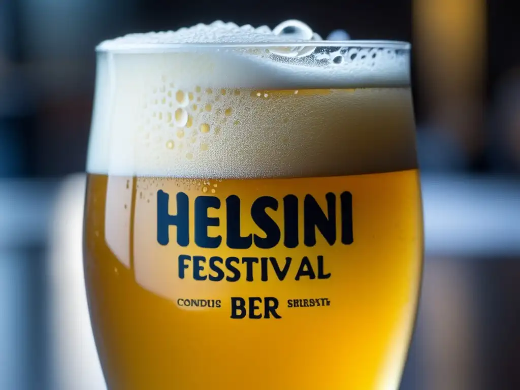 Una foto de la cerveza Helsinki Beer Festival, con detalles intrincados y una cerveza ámbar brillante