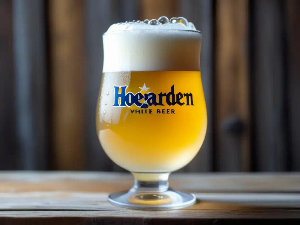 Una refrescante Hoegaarden White con aroma cítrico en un vaso sobre mesa de madera rústica