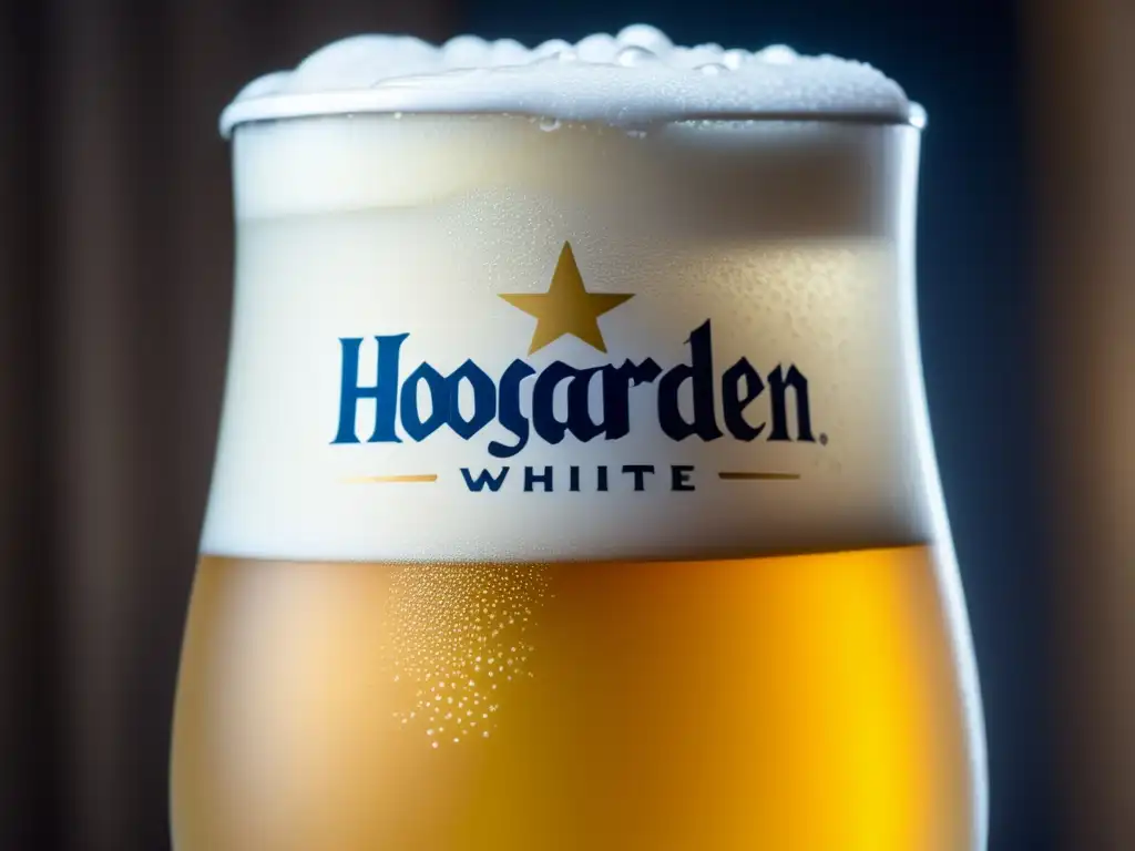 Vaso de cerveza Hoegaarden White con burbujas frescas y espuma dorada -