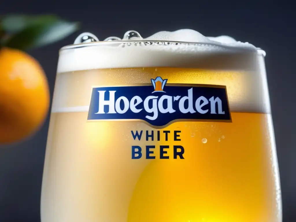 Vaso de Hoegaarden White con cerveza dorada y espuma, adornado con naranja fresca y condensación refrescante