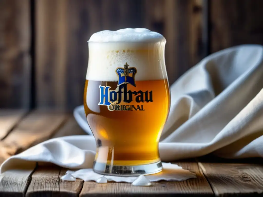 Vaso de cerveza Hofbräu Original, dorada Helles, con espuma blanca cremosa sobre mesa de madera rústica