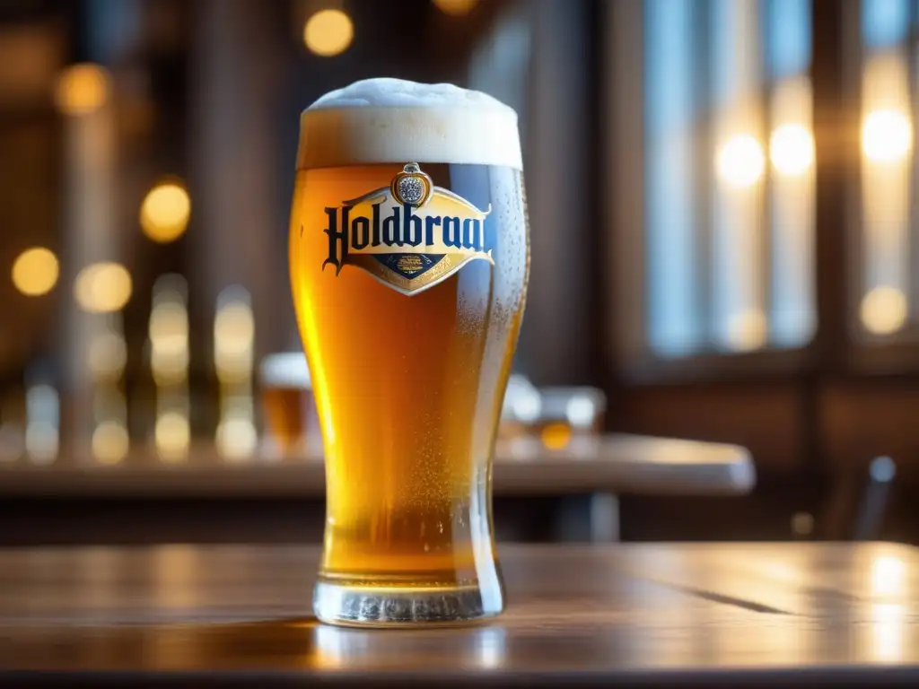 Cerveza Helles Hofbräu Original en vaso de cristal claro en tabla de madera