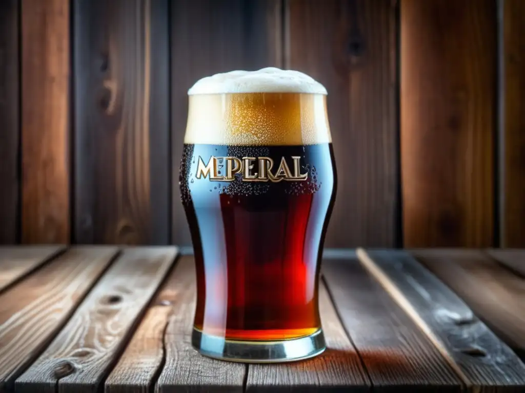 Cerveza Imperial Red Ale en vaso de cristal, con detalles y textura en mesa de madera