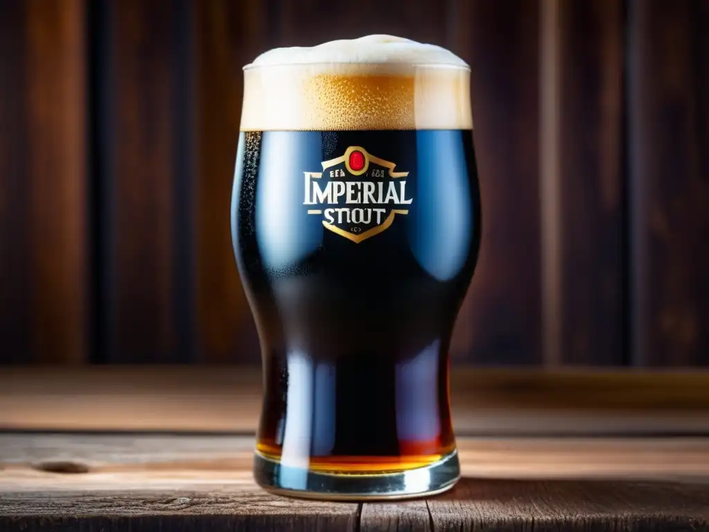 Cerveza Imperial Stout con textura aterciopelada, espuma cremosa y burbujas hipnotizantes en vaso de vidrio en mesa de madera rústica