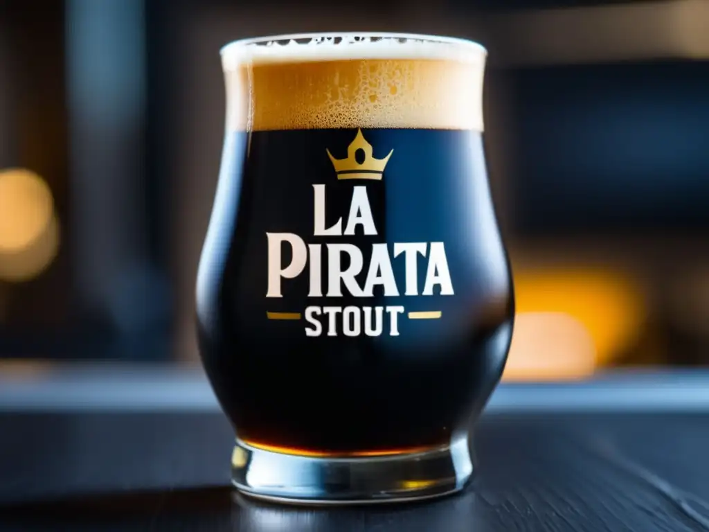 Cerveza La Pirata Black Block Imperial Stout, líquido oscuro y cremoso con notas de chocolate y café en un vaso elegante