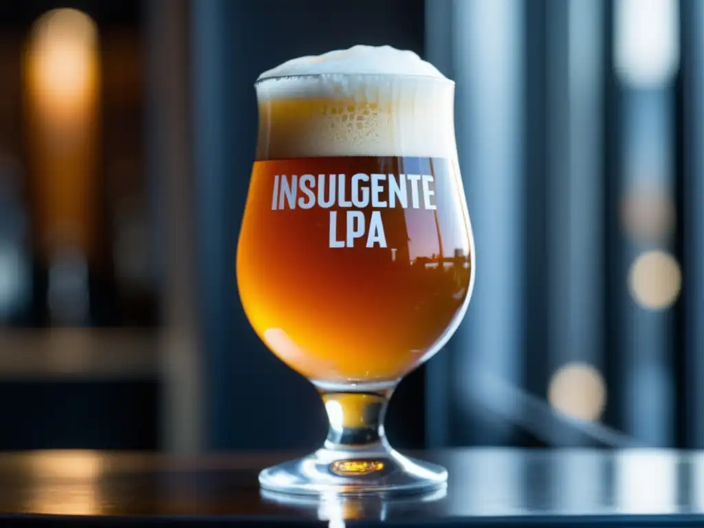 Cerveza Insurgente La Lupulosa IPA, detalle ultradetallado de un vaso recién servido