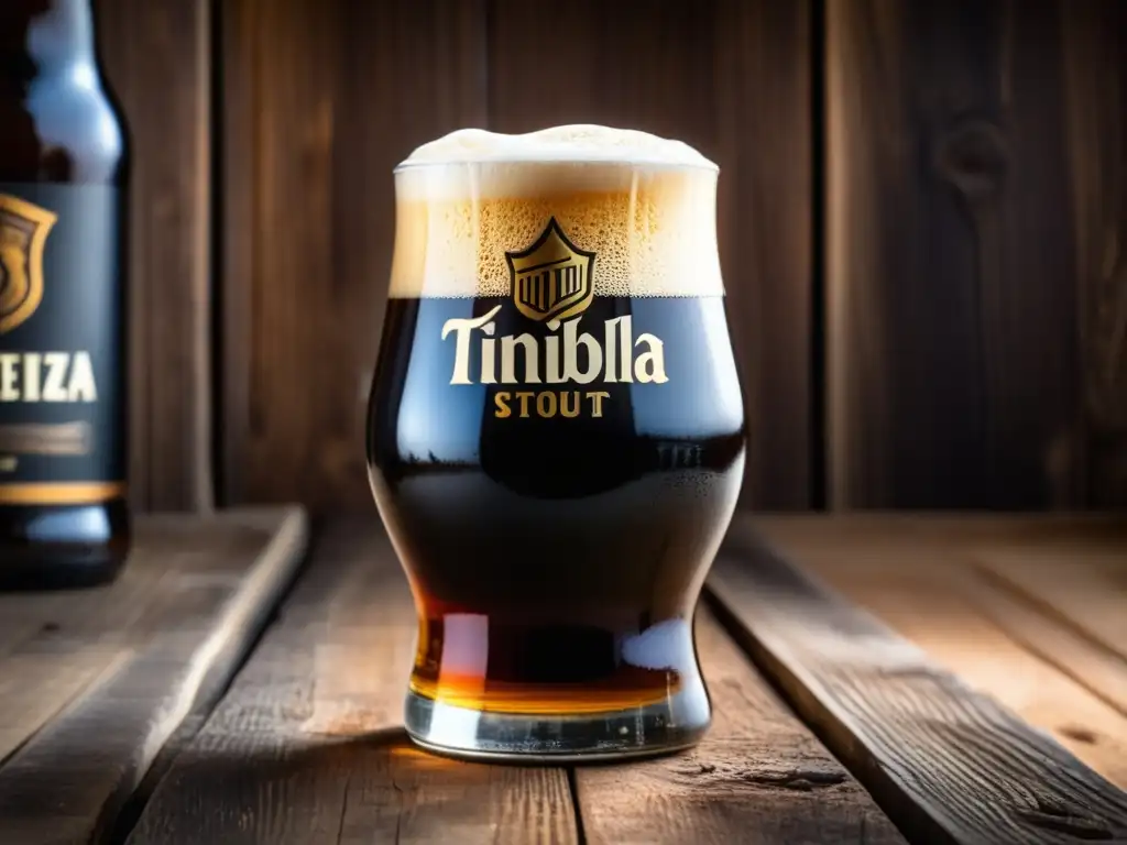 Cerveza Insurgente Tiniebla, Imperial Stout en vaso de cristal con espuma cremosa y detalles intrincados