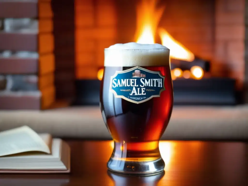 Cerveza de invierno Samuel Smith's Winter Warmer junto a una acogedora chimenea -