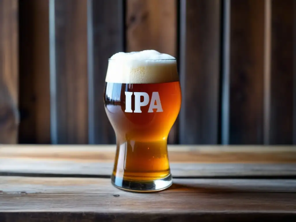 Cerveza artesanal Inglaterra: IPA ámbar con espuma blanca cremosa y condensación en vidrio