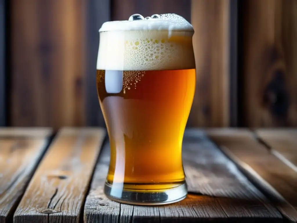 Evolución IPAs: Vívida imagen de cerveza dorada IPA en vaso, con espuma blanca, burbujas y condensación en mesa de madera rústica