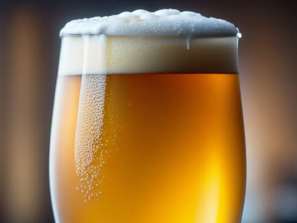 Cerveza IPA con procesos fríos, condensación y espuma blanca, burbujas y notas cítricas