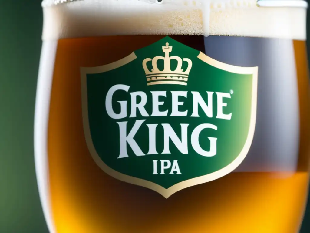 Cerveza Greene King IPA, dorada y espumosa, con burbujas indicando carbonatación