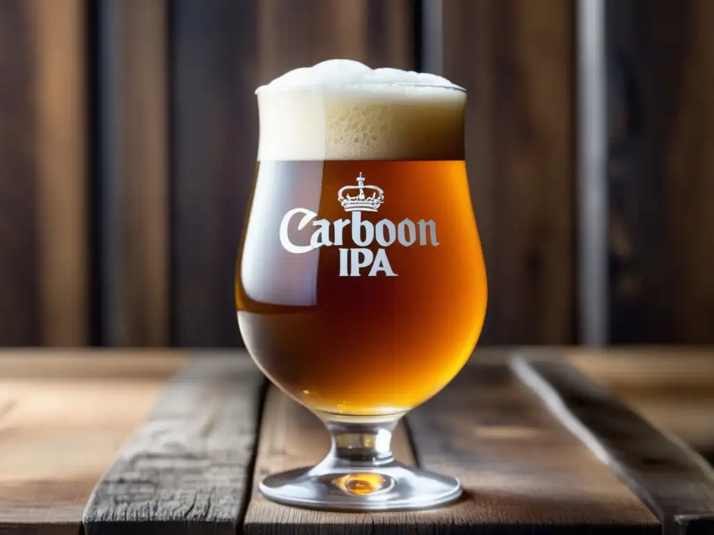 Cerveza IPA inglesa servida en copa de tallo sobre mesa de madera rústica