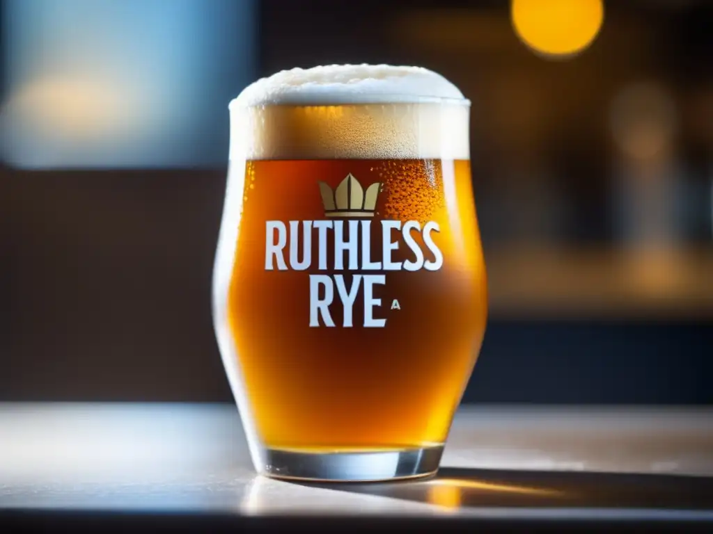 Cerveza Ruthless Rye IPA, con espuma dorada y burbujas de carbonatación, en vaso de vidrio mate