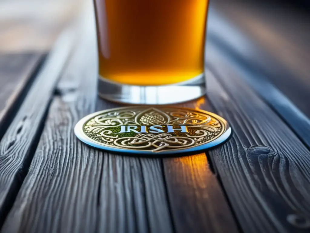 Imágen detallada de una pinta de cerveza dorada irlandesa en una mesa de madera rústica, con diseños celtas grabados en el vaso