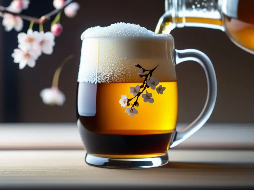 Cerveza japonesa en vaso de porcelana con diseño de flores de cerezo - Asociación Cervecera Japonesa