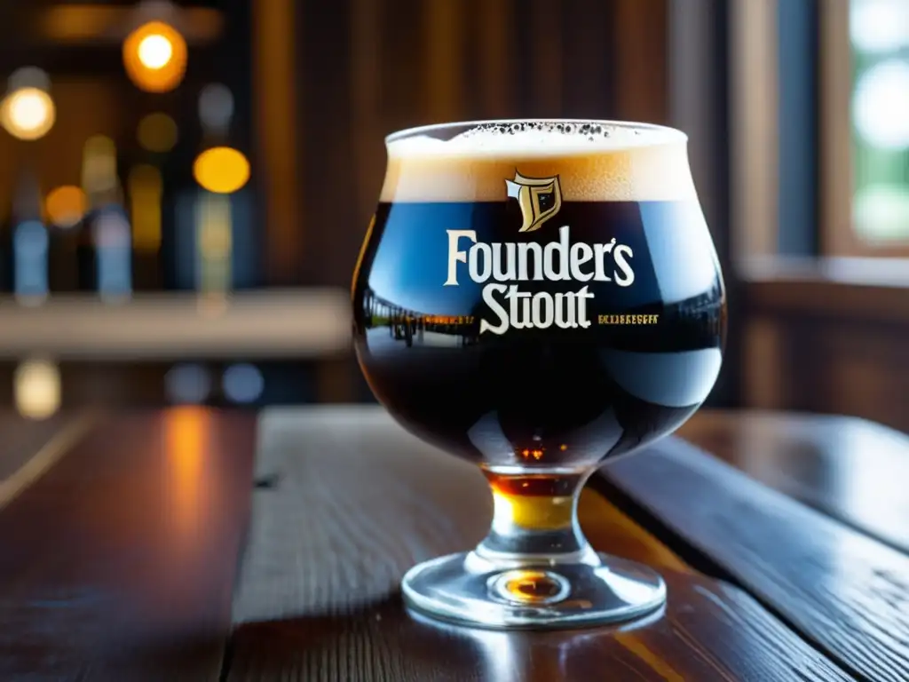 Detallada imagen de una cerveza Founders Kentucky Breakfast Stout en vaso snifter, con color oscuro y textura cremosa