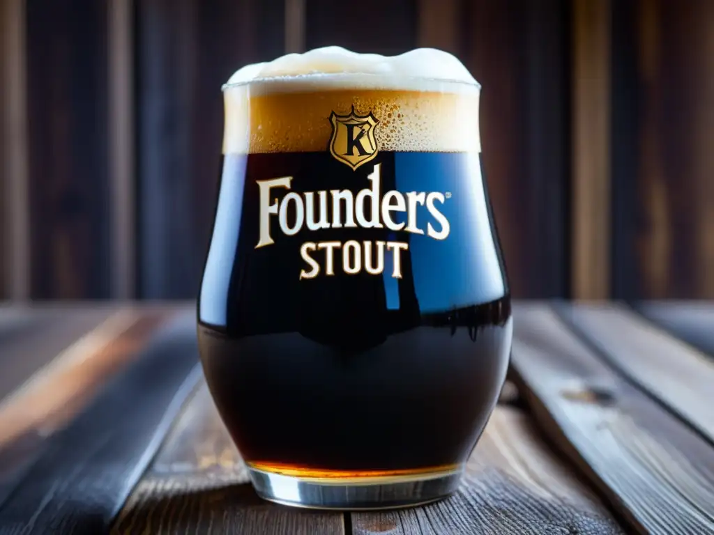 Ultra detalle de cerveza Stout Kentucky Breakfast en un vaso, con espuma cremosa y condensación en una mesa rústica