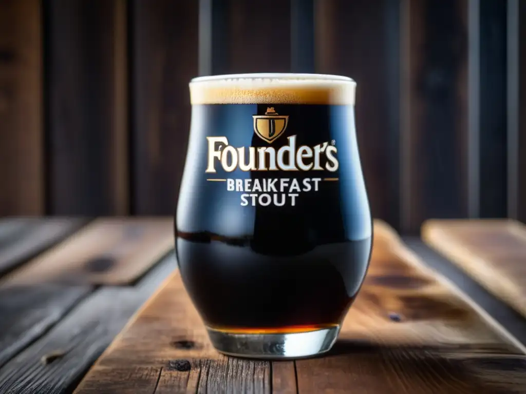 Imagen de cristal con Founders Kentucky Breakfast Stout, exquisitos tonos oscuros y burbujas efervescentes