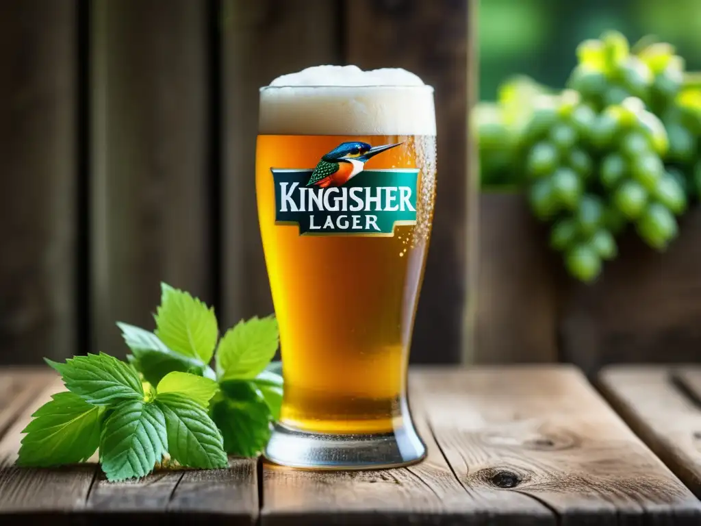 Cerveza Kingfisher Premium Lager en mesa de madera rústica rodeada de lúpulos verdes