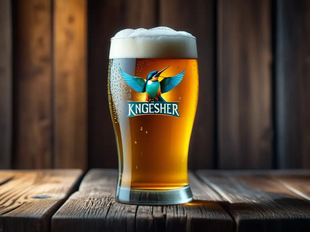 Cerveza Kingfisher Premium Lager en vaso de cristal con condensación y detalles intrincados