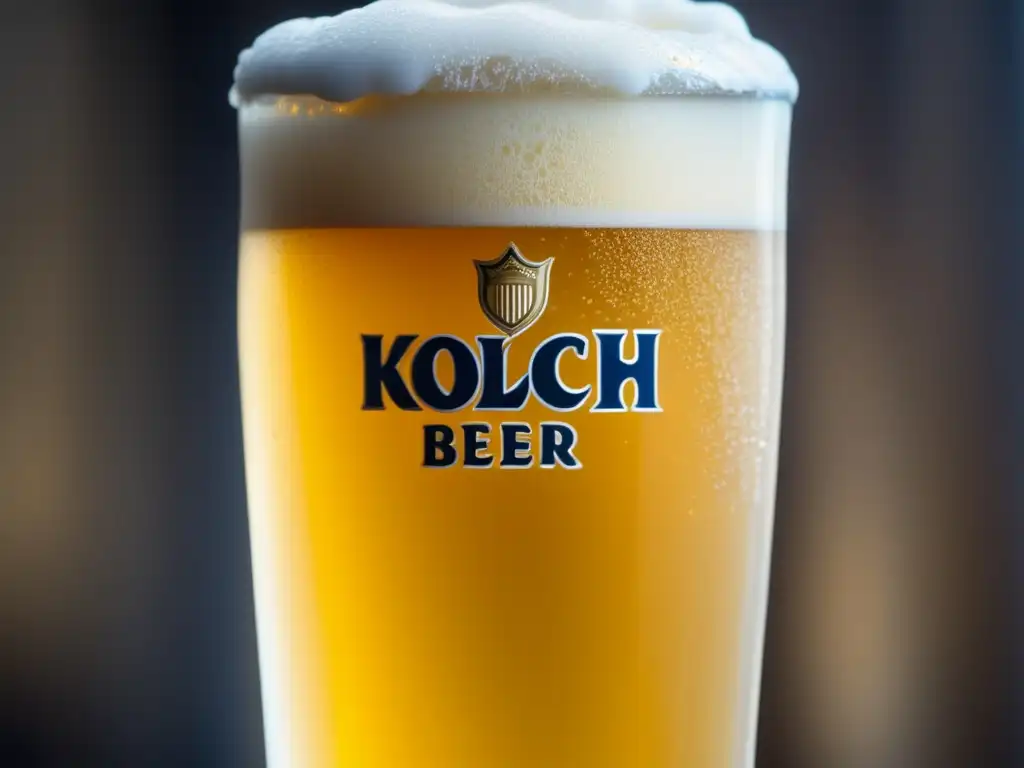 Cerveza Kölsch dorada con burbujas y espuma, imagen nítida y elegante