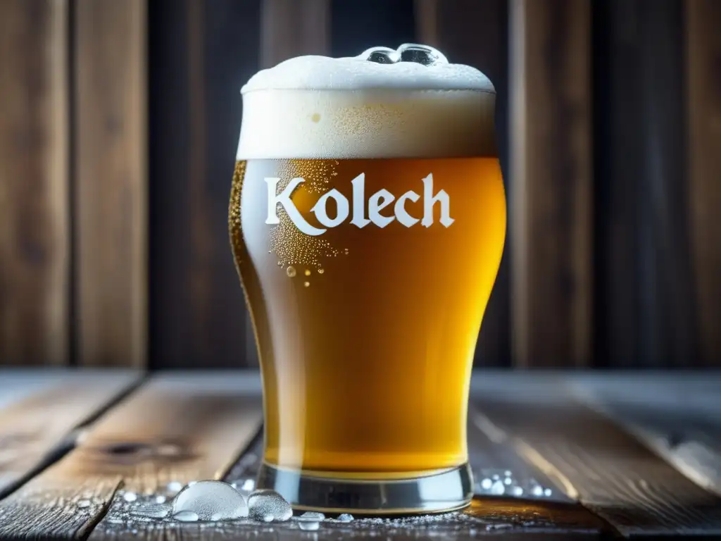 Cerveza Kölsch dorada con espuma blanca en una mesa de madera rústica