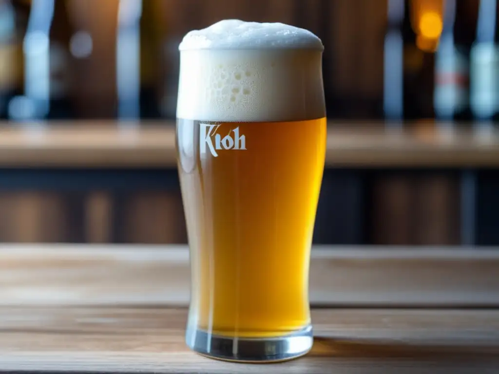 Cerveza Kölsch en vaso tradicional, dorada y refrescante con detalles de luz y textura en mesa de madera