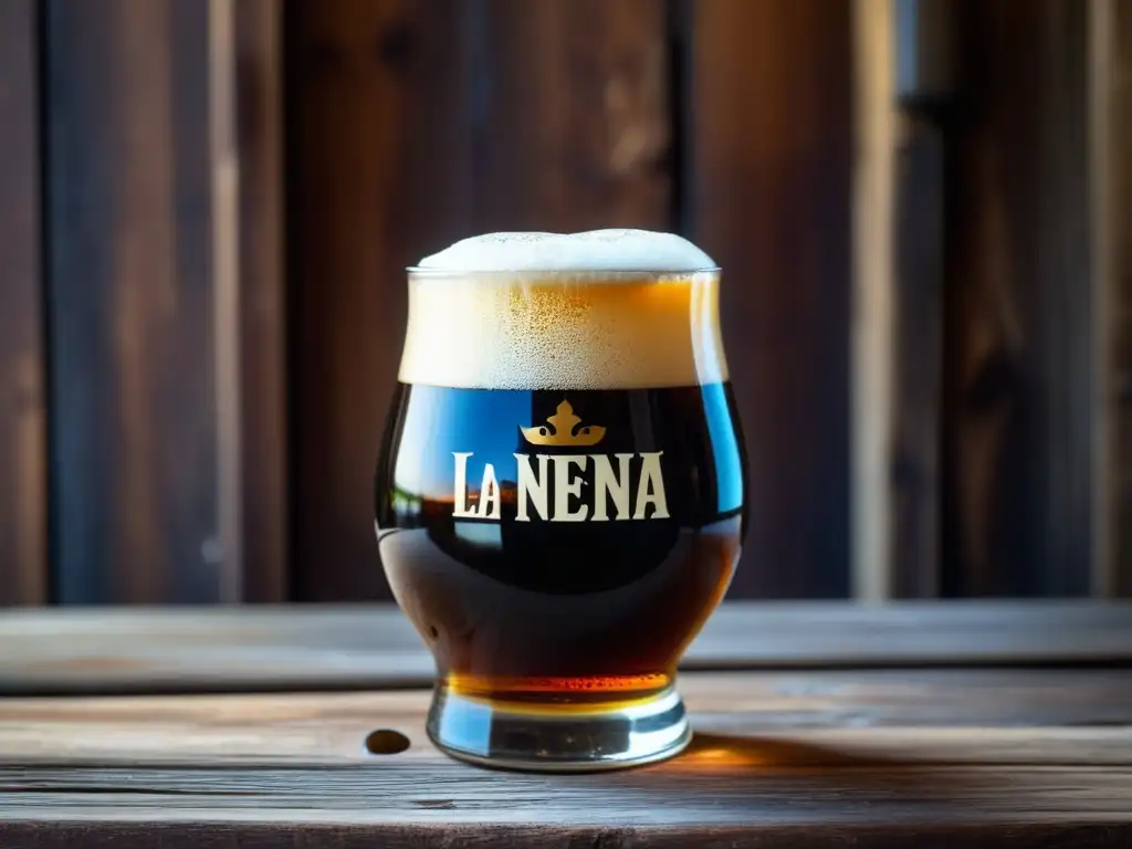 Detallada imagen de una copa de cerveza La Nena Porter, con espuma cremosa y burbujas, sobre una superficie de madera rústica