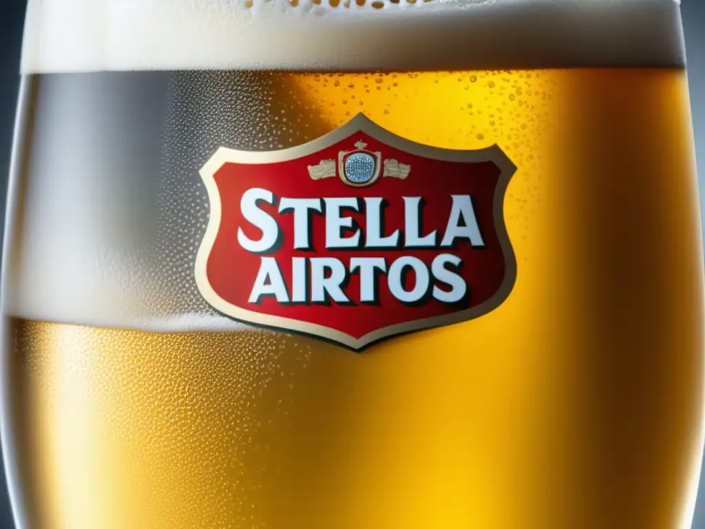 Cerveza Lager Stella Artois, cerveza dorada con burbujas y condensación, enfoque en la bebida (110 caracteres)