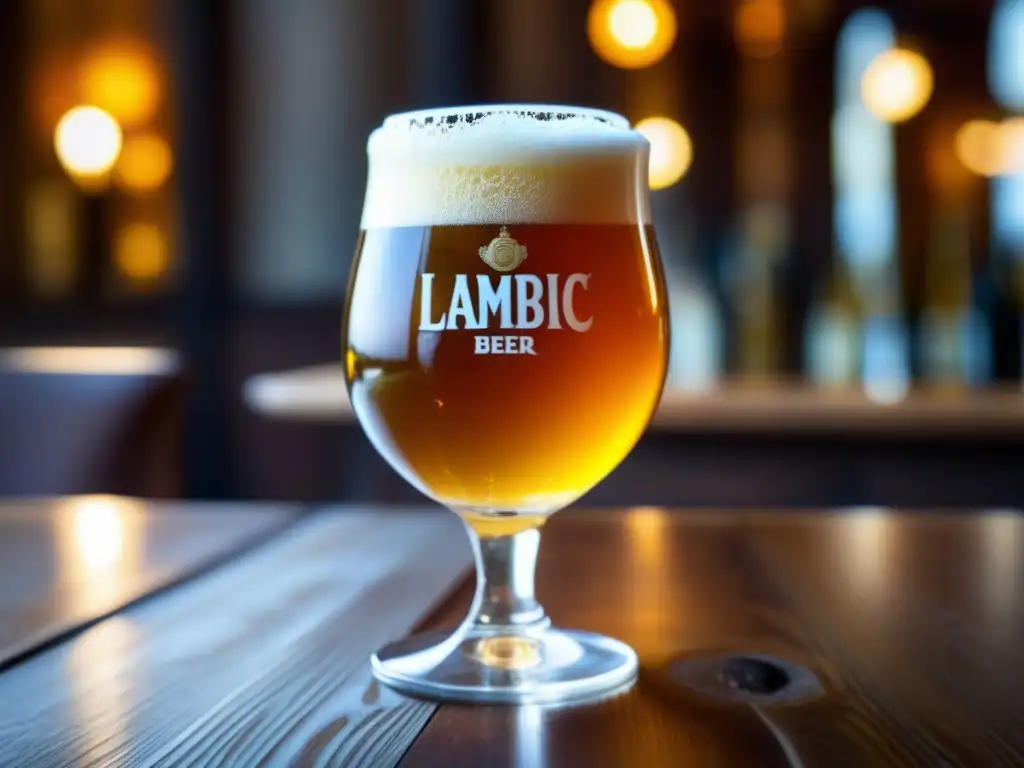 Delicioso Lambic dorado en vaso con burbujas y condensación