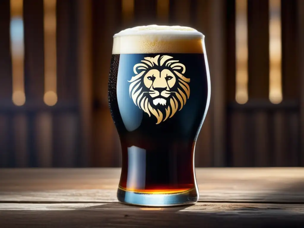 Imagen detallada de una cerveza Lion Stout en vaso de vidrio, sobre mesa de madera rústica