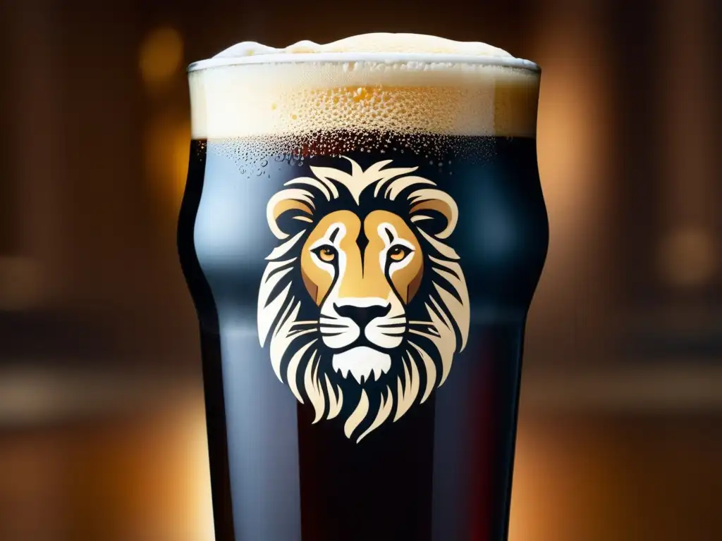 Cerveza Lion Stout, intensa y tropical, con espuma beige cremosa y detalles sutiles