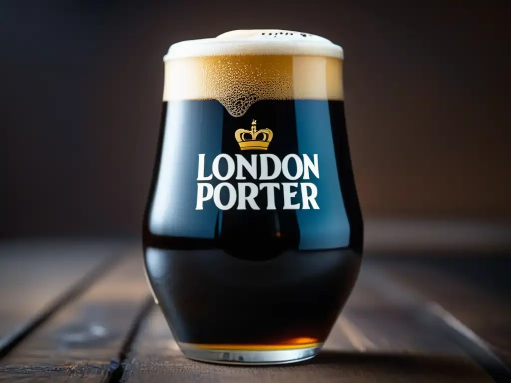 Cerveza Porter llena de color y textura, con burbujas y espuma cremosa