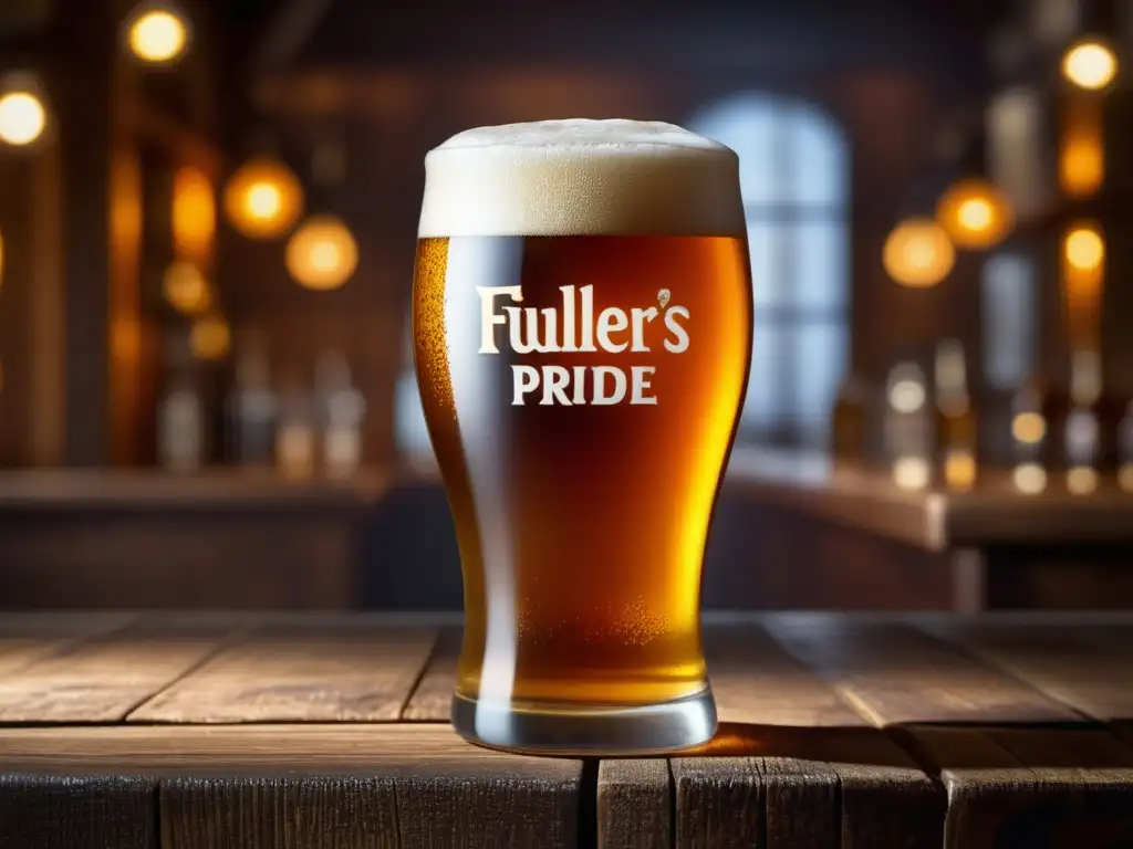 Pintura detallada de cerveza Fuller's London Pride Bitter en vaso con burbujas y condensación