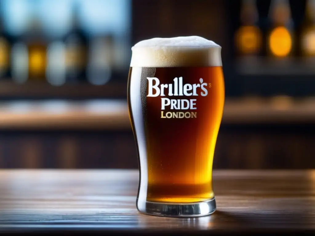 Una pintura llena de cerveza Fuller's London Pride, color ámbar con burbujas y condensación en el vidrio, en un mostrador de madera