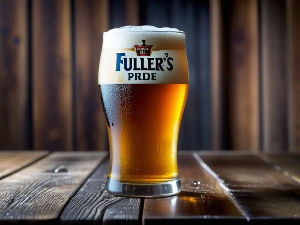 Cerveza Fuller's London Pride Bitter en vaso de vidrio con condensación, burbujas vibrantes y elegancia