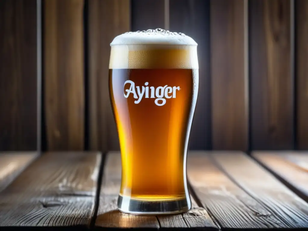 Cerveza Ayinger Maibock en vidrio con condensación, color dorado y burbujas visibles