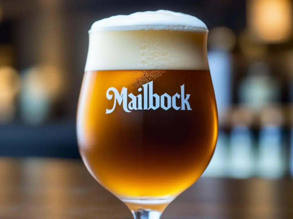 Cerveza Maibock dorada con espuma blanca cremosa y burbujas, destacando su color y carbonatación