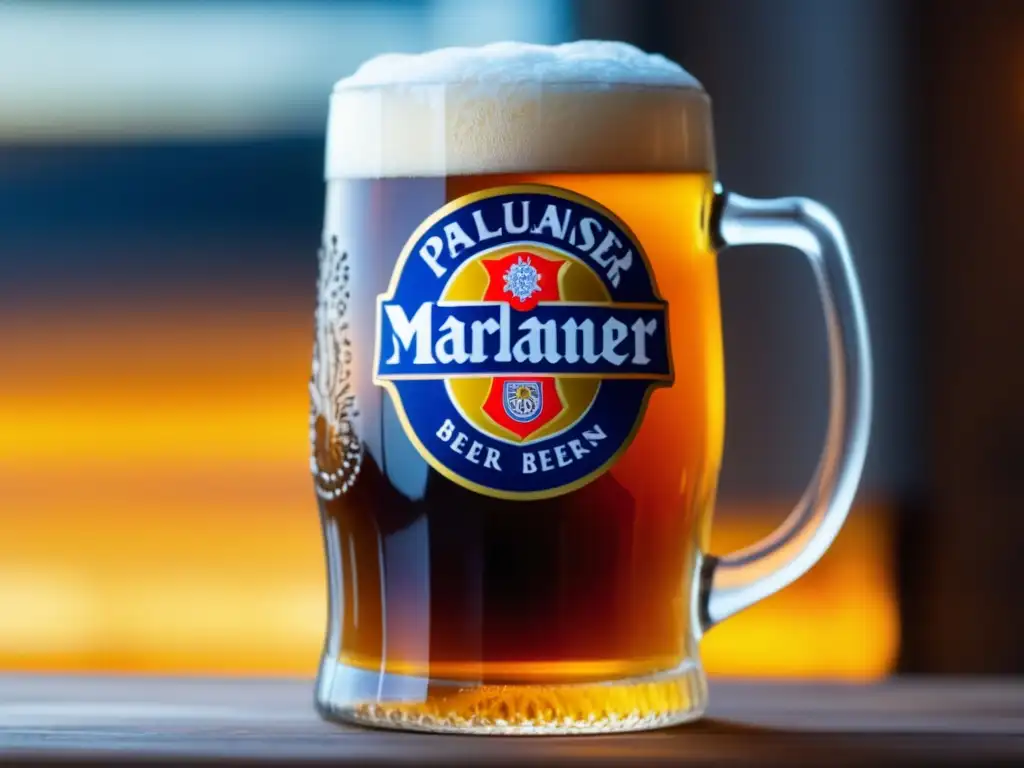 Pinta de Märzen: cerveza ámbar con espuma abundante y detalles de la jarra Paulaner