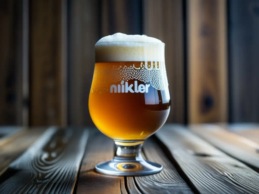 Cerveza Mikkeller con color ámbar y espuma blanca, sobre mesa de madera rústica