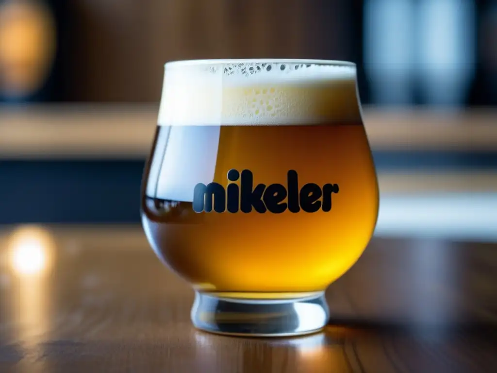 Cerveza Mikkeller: color ámbar, cabeza cremosa, detalles y texturas de la espuma