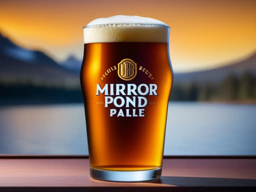 Un vaso lleno de cerveza Mirror Pond Pale Ale de Deschutes Brewery en un elegante entorno de madera - Bares en Portland