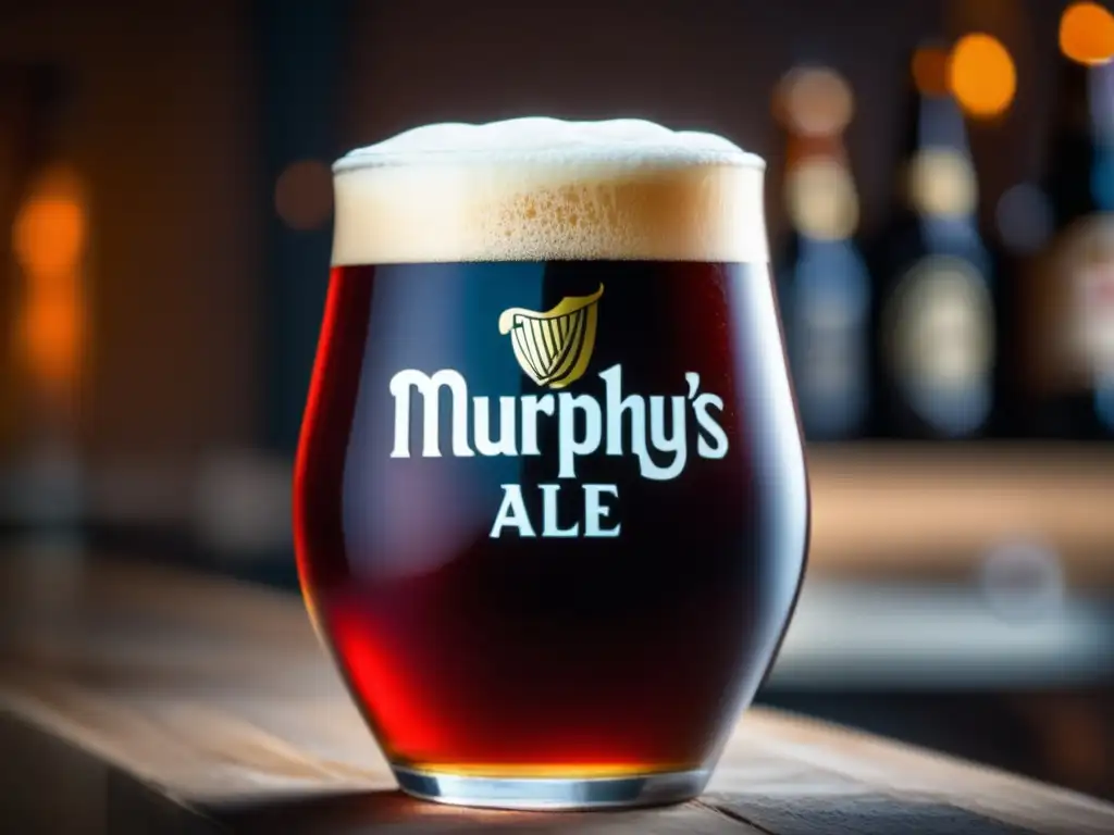 Vaso de cerveza Murphy's Irish Red Ale, color rojo vibrante y espuma cremosa -