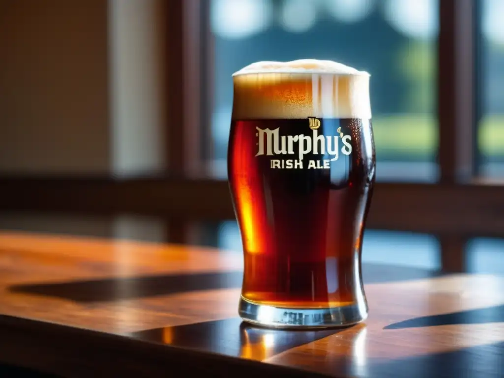 Detallada imagen de una cerveza Red Ale de Murphy's en vaso de vidrio, iluminada por luz natural, con espuma cremosa y burbujas