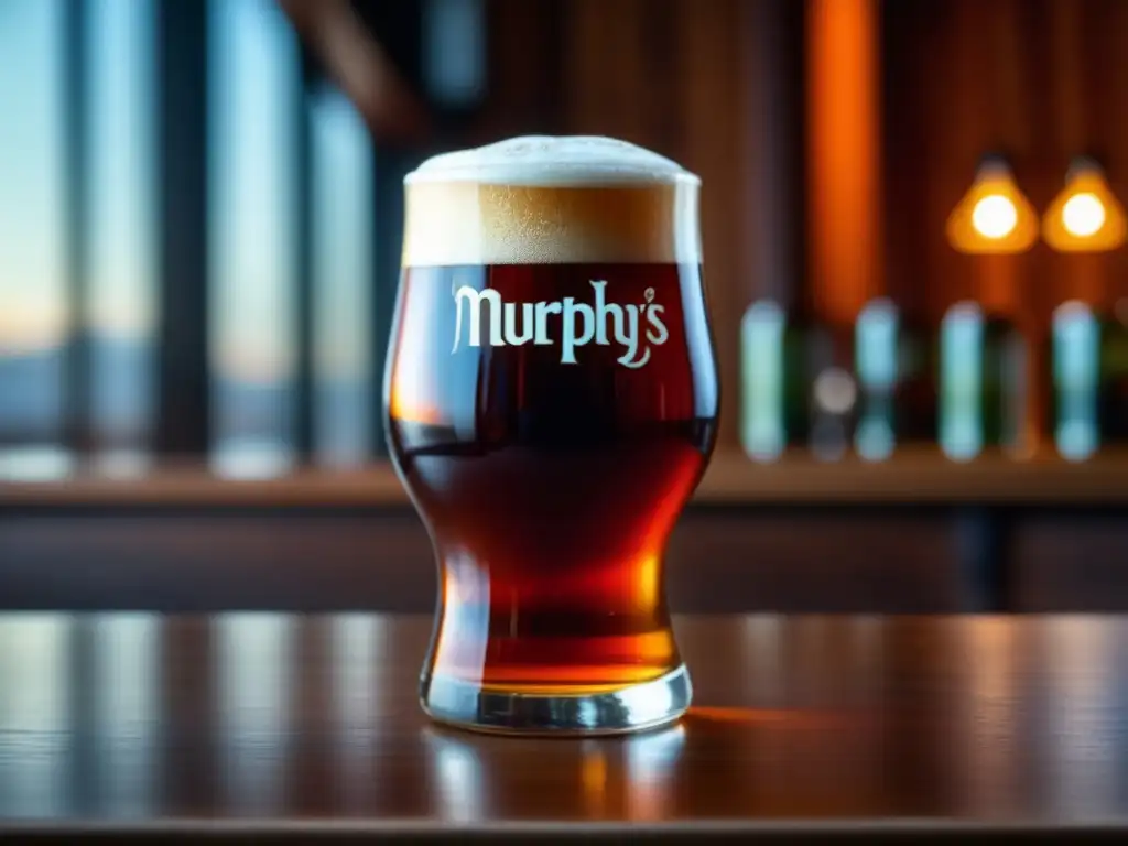 Vaso de cerveza Murphy's Irish Red Ale, con burbujas y condensación, en una mesa de madera (+ palabra clave: Red Ale)